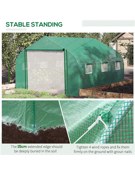 Outsunny Walk-in Polytunnel Garden Greenhouse, Outdoor Mesh Door Greenhouse with PE Cover and 6 Windows, 3.5 x 3 x 2m, Green