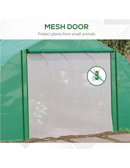 Outsunny Walk-in Polytunnel Garden Greenhouse, Outdoor Mesh Door Greenhouse with PE Cover and 6 Windows, 3.5 x 3 x 2m, Green