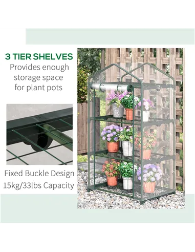 Outsunny 3 Tier Mini Greenhouse Portable Garden Grow House with Roll Up Door and Wire Shelves, 69L x 49W x 125H cm, Clear