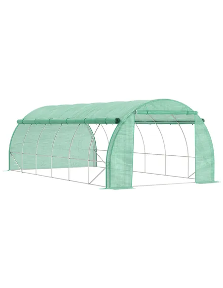 Outsunny Polytunnel Greenhouse Walk-in Grow House Tent with Roll-up Sidewalls, Zipped Door and 12 Windows, 6x3x2m Green