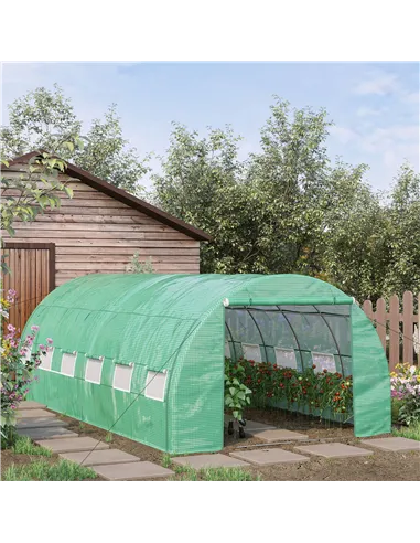 Outsunny Polytunnel Greenhouse Walk-in Grow House Tent with Roll-up Sidewalls, Zipped Door and 12 Windows, 6x3x2m Green