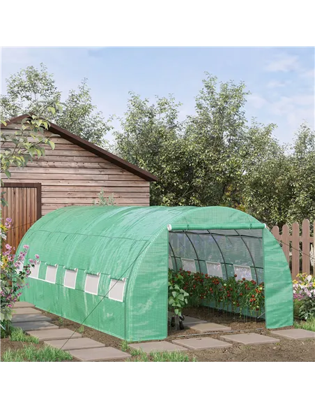 Outsunny Polytunnel Greenhouse Walk-in Grow House Tent with Roll-up Sidewalls, Zipped Door and 12 Windows, 6x3x2m Green