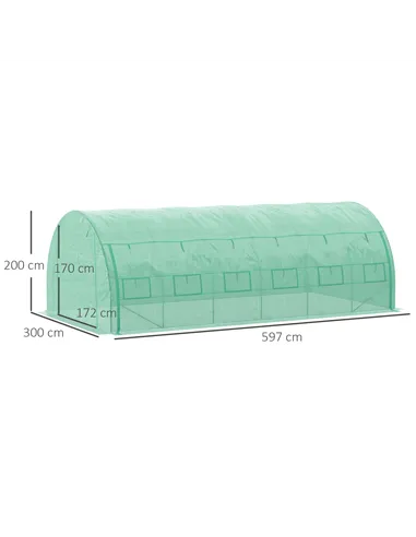 Outsunny Polytunnel Greenhouse Walk-in Grow House Tent with Roll-up Sidewalls, Zipped Door and 12 Windows, 6x3x2m Green