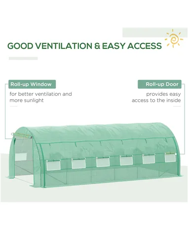 Outsunny Polytunnel Greenhouse Walk-in Grow House Tent with Roll-up Sidewalls, Zipped Door and 12 Windows, 6x3x2m Green