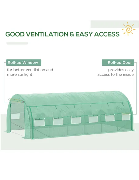 Outsunny Polytunnel Greenhouse Walk-in Grow House Tent with Roll-up Sidewalls, Zipped Door and 12 Windows, 6x3x2m Green