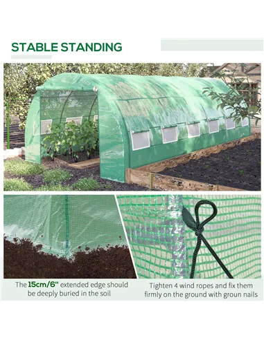 Outsunny Polytunnel Greenhouse Walk-in Grow House Tent with Roll-up Sidewalls, Zipped Door and 12 Windows, 6x3x2m Green