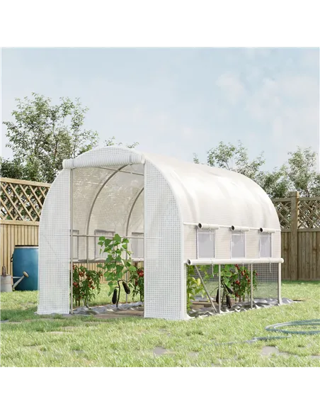 Outsunny Walk-in Polytunnel Greenhouse Green House with Roll-up Sidewalls, UV-resistant PE Cover, 3 x 2 x 2m, White