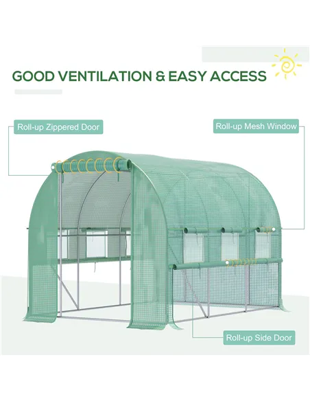 Outsunny Walk-in Polytunnel Greenhouse Green House with Roll-up Sidewalls, UV-resistant PE Cover, 3 x 2 x 2m, Green
