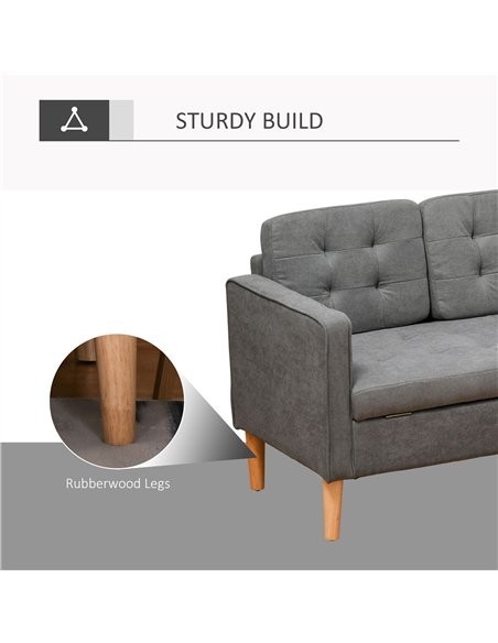 HOMCOM Modern 3 Seater Sofa with Hidden Storage, 169cm Tufted Cotton Couch with Wood Legs, Compact Sofa for Living Room, Grey