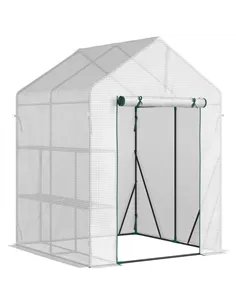 Outsunny Walk In Greenhouse with 2 Tier Shelf, Portable Gardening Plant Grow House Tomato Greenhouse with Roll up Zip Panel Door
