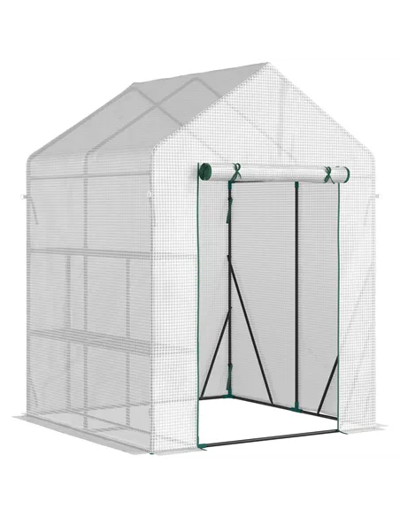 Outsunny Walk In Greenhouse with 2 Tier Shelf, Portable Gardening Plant Grow House Tomato Greenhouse with Roll up Zip Panel Door