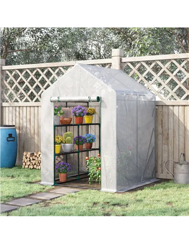 Outsunny Walk In Greenhouse with 2 Tier Shelf, Portable Gardening Plant Grow House Tomato Greenhouse with Roll up Zip Panel Door