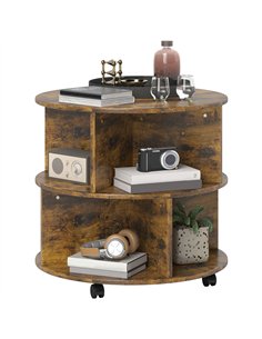 HOMCOM Round Coffee Table with Wheels, 3-Tier Rolling Side Table for Living Room with Divided Shelves, Rustic Brown