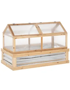 Outsunny Raised Garden Bed with Greenhouse Top, Garden Wooden Cold Frame Greenhouse Flower Planter Protection with 2 Independent