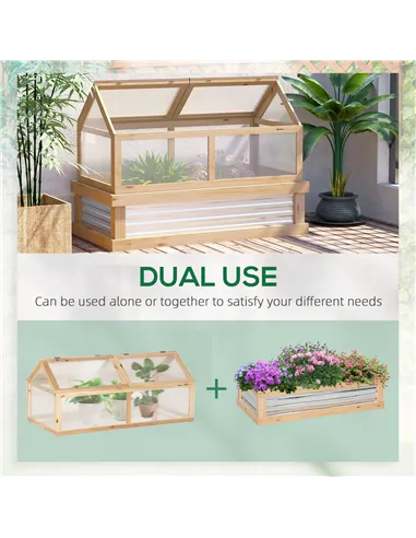 Outsunny Raised Garden Bed with Greenhouse Top, Garden Wooden Cold Frame Greenhouse Flower Planter Protection with 2 Independent