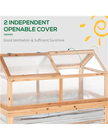 Outsunny Raised Garden Bed with Greenhouse Top, Garden Wooden Cold Frame Greenhouse Flower Planter Protection with 2 Independent