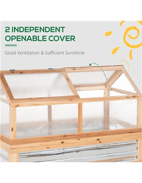 Outsunny Raised Garden Bed with Greenhouse Top, Garden Wooden Cold Frame Greenhouse Flower Planter Protection with 2 Independent