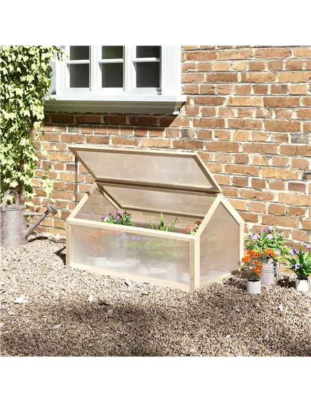 Outsunny Wooden Cold Frame Garden Polycarbonate Greenhouse with Openable Top Cover, Grow House for Flowers, Vegetables, Plants, 