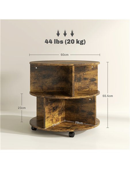 HOMCOM Round Coffee Table with Wheels, 3-Tier Rolling Side Table for Living Room with Divided Shelves, Rustic Brown