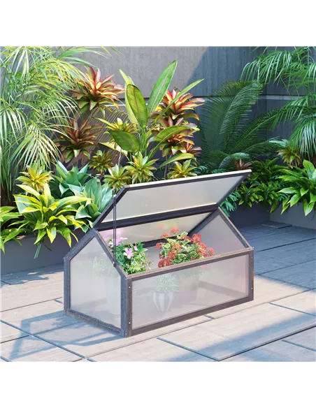 Outsunny Wooden Cold Frame Garden Polycarbonate Greenhouse with Openable Top Cover, Grow House for Flowers, Vegetables, Plants, 