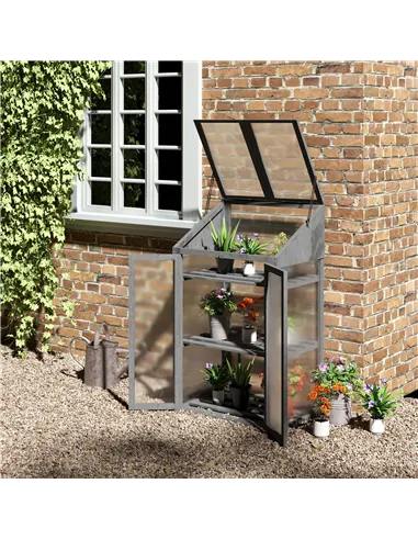Outsunny Wooden Cold Frame Polycarbonate Greenhouse with Openable Top Cover and Double Door, Grow House for Flower, Vegetable an