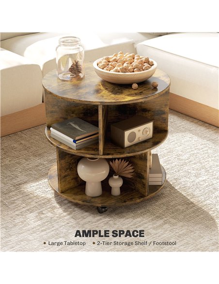 HOMCOM Round Coffee Table with Wheels, 3-Tier Rolling Side Table for Living Room with Divided Shelves, Rustic Brown