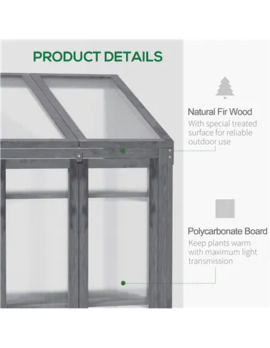 Outsunny Wooden Cold Frame Polycarbonate Greenhouse with Openable Top Cover and Double Door, Grow House for Flower, Vegetable an