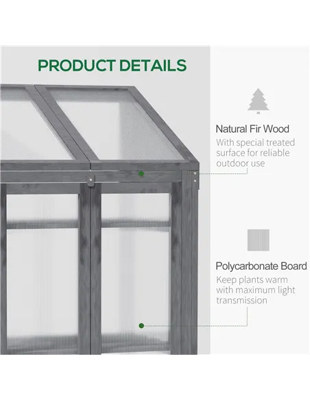 Outsunny Wooden Cold Frame Polycarbonate Greenhouse with Openable Top Cover and Double Door, Grow House for Flower, Vegetable an