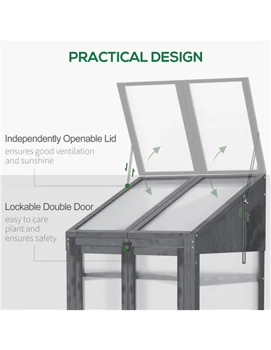 Outsunny Wooden Cold Frame Polycarbonate Greenhouse with Openable Top Cover and Double Door, Grow House for Flower, Vegetable an