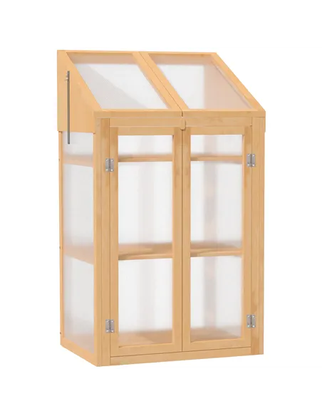 Outsunny Wooden Cold Frame Polycarbonate Greenhouse with Openable Top Cover and Double Door, Grow House for Flower, Vegetable an