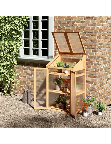Outsunny Wooden Cold Frame Polycarbonate Greenhouse with Openable Top Cover and Double Door, Grow House for Flower, Vegetable an