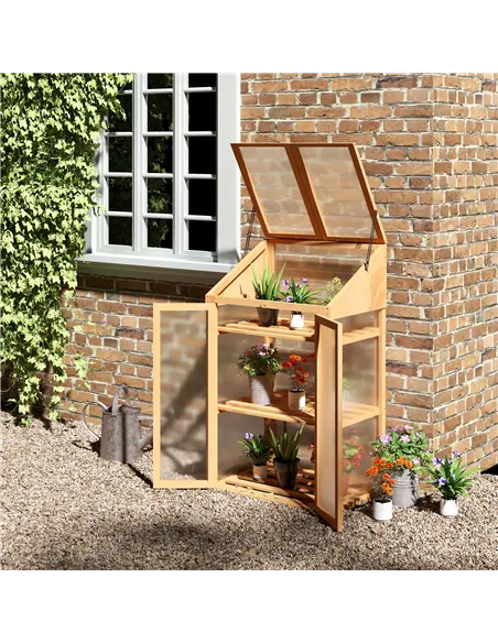 Outsunny Wooden Cold Frame Polycarbonate Greenhouse with Openable Top Cover and Double Door, Grow House for Flower, Vegetable an