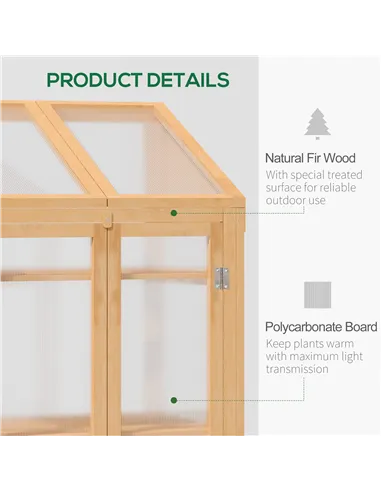 Outsunny Wooden Cold Frame Polycarbonate Greenhouse with Openable Top Cover and Double Door, Grow House for Flower, Vegetable an