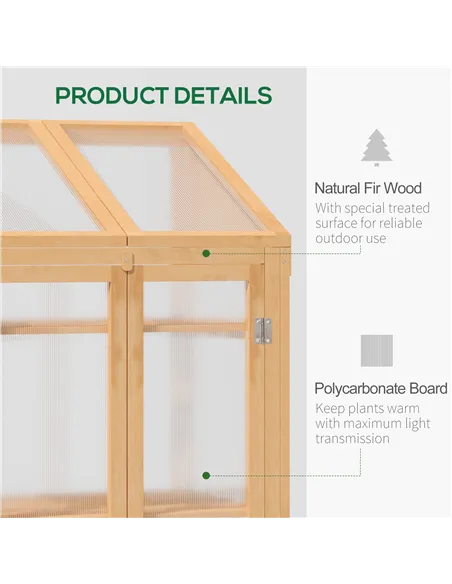 Outsunny Wooden Cold Frame Polycarbonate Greenhouse with Openable Top Cover and Double Door, Grow House for Flower, Vegetable an