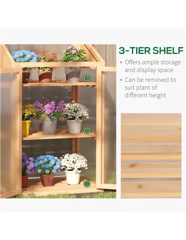 Outsunny Wooden Cold Frame Polycarbonate Greenhouse with Openable Top Cover and Double Door, Grow House for Flower, Vegetable an