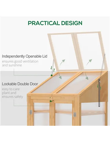 Outsunny Wooden Cold Frame Polycarbonate Greenhouse with Openable Top Cover and Double Door, Grow House for Flower, Vegetable an