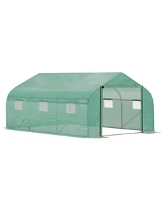 Outsunny Walk-in Polytunnel Garden Greenhouse, Outdoor Mesh Door Greenhouse with PE Cover and 6 Windows, 4.5 x 3 x 2m, Green
