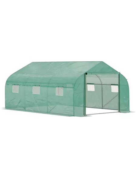 Outsunny Walk-in Polytunnel Garden Greenhouse, Outdoor Mesh Door Greenhouse with PE Cover and 6 Windows, 4.5 x 3 x 2m, Green