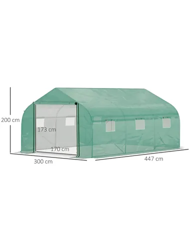 Outsunny Walk-in Polytunnel Garden Greenhouse, Outdoor Mesh Door Greenhouse with PE Cover and 6 Windows, 4.5 x 3 x 2m, Green