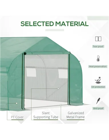 Outsunny Walk-in Polytunnel Garden Greenhouse, Outdoor Mesh Door Greenhouse with PE Cover and 6 Windows, 4.5 x 3 x 2m, Green