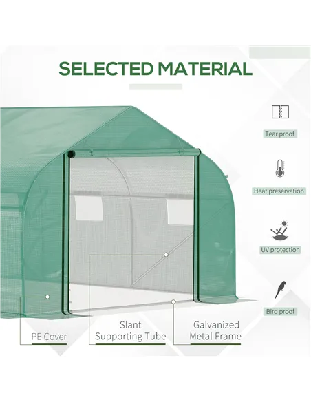 Outsunny Walk-in Polytunnel Garden Greenhouse, Outdoor Mesh Door Greenhouse with PE Cover and 6 Windows, 4.5 x 3 x 2m, Green