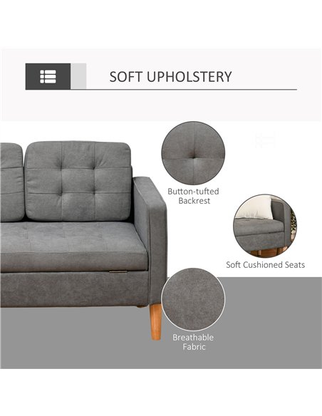 HOMCOM Modern 3 Seater Sofa with Hidden Storage, 169cm Tufted Cotton Couch with Wood Legs, Compact Sofa for Living Room, Grey