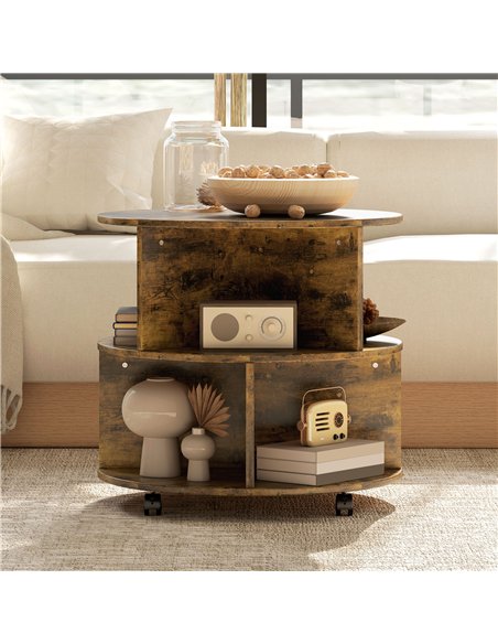 HOMCOM Round Coffee Table with Wheels, 3-Tier Rolling Side Table for Living Room with Divided Shelves, Rustic Brown