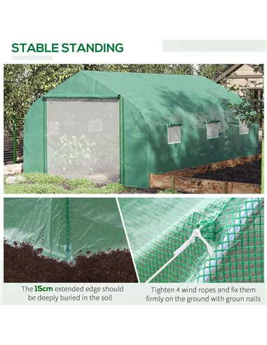 Outsunny Walk-in Polytunnel Garden Greenhouse, Outdoor Mesh Door Greenhouse with PE Cover and 6 Windows, 4.5 x 3 x 2m, Green