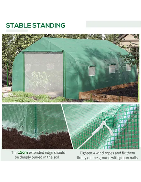 Outsunny Walk-in Polytunnel Garden Greenhouse, Outdoor Mesh Door Greenhouse with PE Cover and 6 Windows, 4.5 x 3 x 2m, Green
