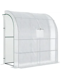 Outsunny Walk-In Lean to Wall Greenhouse with Windows and Doors, Outdoor Green House with 3 Tiers 4 Wired Shelves, 200L x 100W x