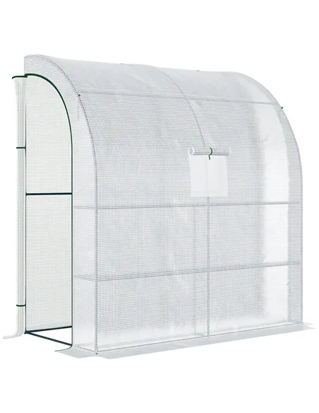 Outsunny Walk-In Lean to Wall Greenhouse with Windows and Doors, Outdoor Green House with 3 Tiers 4 Wired Shelves, 200L x 100W x