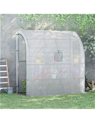 Outsunny Walk-In Lean to Wall Greenhouse with Windows and Doors, Outdoor Green House with 3 Tiers 4 Wired Shelves, 200L x 100W x