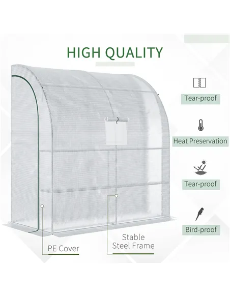 Outsunny Walk-In Lean to Wall Greenhouse with Windows and Doors, Outdoor Green House with 3 Tiers 4 Wired Shelves, 200L x 100W x