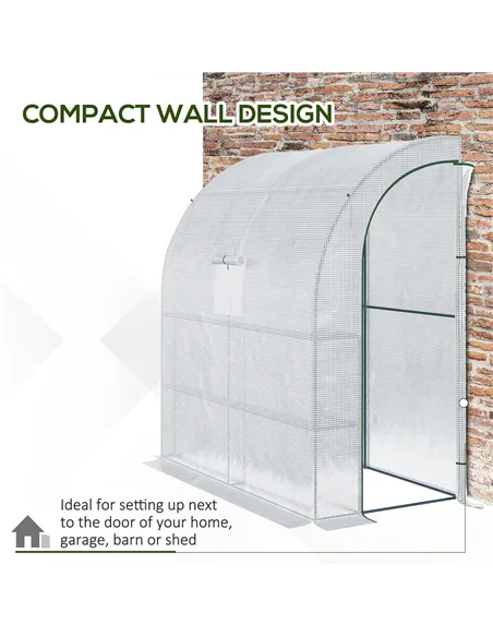 Outsunny Walk-In Lean to Wall Greenhouse with Windows and Doors, Outdoor Green House with 3 Tiers 4 Wired Shelves, 200L x 100W x